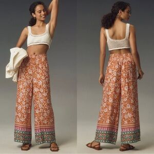 Maeve Anthropologie Saria Smocked Wide Leg Orange Floral Bohemian Pants XS